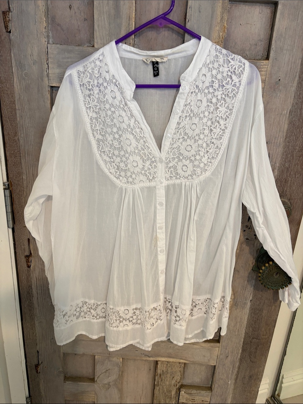 White Lace Yoke Button-Front Women's Top beautiful embroidered detail